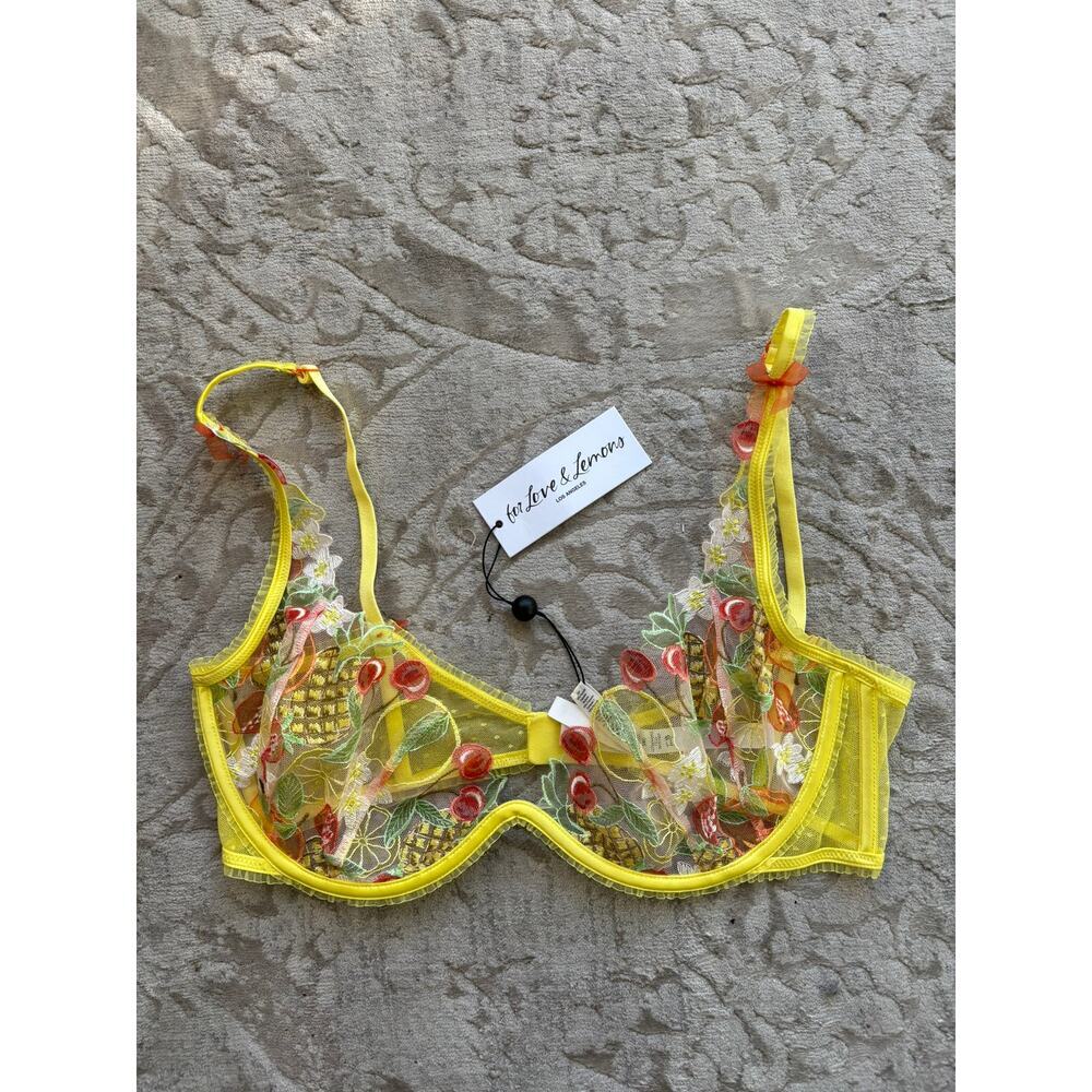 For Love & Lemons Mirabelle Underwire Bra Yellow Embroidered Sheer 38C NWT - Picture 5 of 7